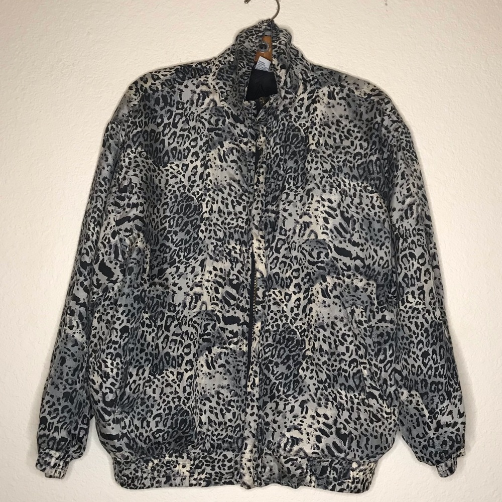 Vintage 100% Silk Leopard Print Grey & Black Jacket